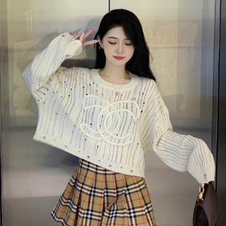 CHANEL KNIT CROP LONG เสื้อแขนยาว ผ้านิต ทอลายในตัว ทรงครอป ชาแนล เสื้อไหมพรม