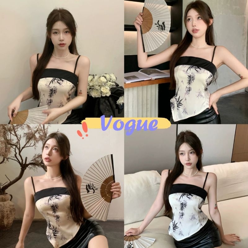 Vogue🌟พร้อมส่ง🌟 เสื้อสายเดี่ยว ลายใบไม้ สีขาวดำครีม มีฟองน้ำ (FY2280) -H