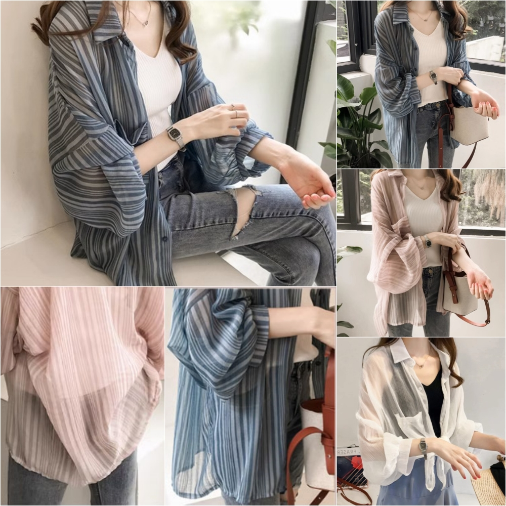 ❤❤ CTB11111 ❤❤ เสื้อเชิ้ตแขนยาว มี3สี คอปก ลายทางริ้วๆ แฟชั่นสําหรับผู้หญิง ผ้าบางใส่คลุมกันแดดสวยๆ 