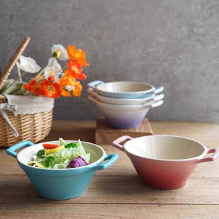 Gradual color double ear rice bowl French LE cool color stoneware Lamian Noodles bowl ceramic macaron salad bowl