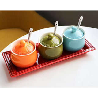 French LC Cool Color Stoneware Porcelain with Lid Spoon Seasoning Pot Set Kitchen Household Seasoning Pot Salt Pot