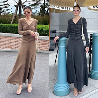 สุดปัง!! นี่ก็ว้าวุ่นเลอะ!! Longsleeves VNeck Maxi Dress with Shoulder Pads (690฿ฟรีส่ง) เดรสแขนยาวคอวี จับจีบย่นหน้า