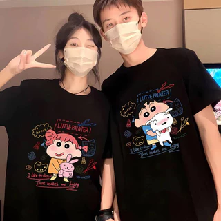 เสื้อยืดแขนสั้นคอกลม เสื้อคู่รัก สกรีนลายน่ารัก ชายหญิง ES60 ชินจัง
