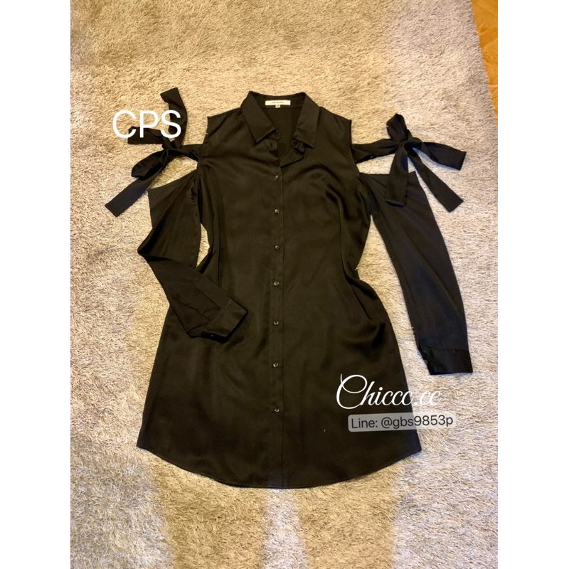 เดรสเชิ้ตผู้หญิงสีดำ คอปก แต่งแขนแบบผูก งานแบรนด์CPS🔺used🔺
