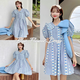 Blue Flower Dress พร้อมส่ง เดรสคอบัวลายดอกไม้ โทนสีฟ้าพาสเทล แขนตุ๊กตา เดรสกระโปรง งายป้าย