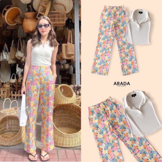 เซ็ตเสื้อแขนกุดคอปกผ้าร่อง และกางเกงขายาวลายดอกไม้ (C696) Arada