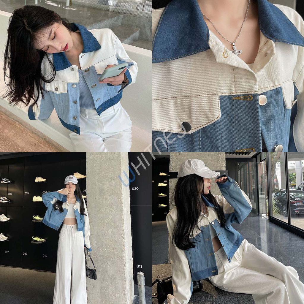 เสื้อยีนส์ผู้หญิง Triple tone เสื้อแจ็คเก็ตคอปก (8710)