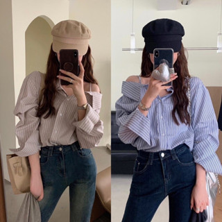 T406 เสื้อเชิ้ตแขนยาวสไตล์เกาหลี ใส่แบบเปิดไหล่ได้ พร้อมส่ง 2 สี