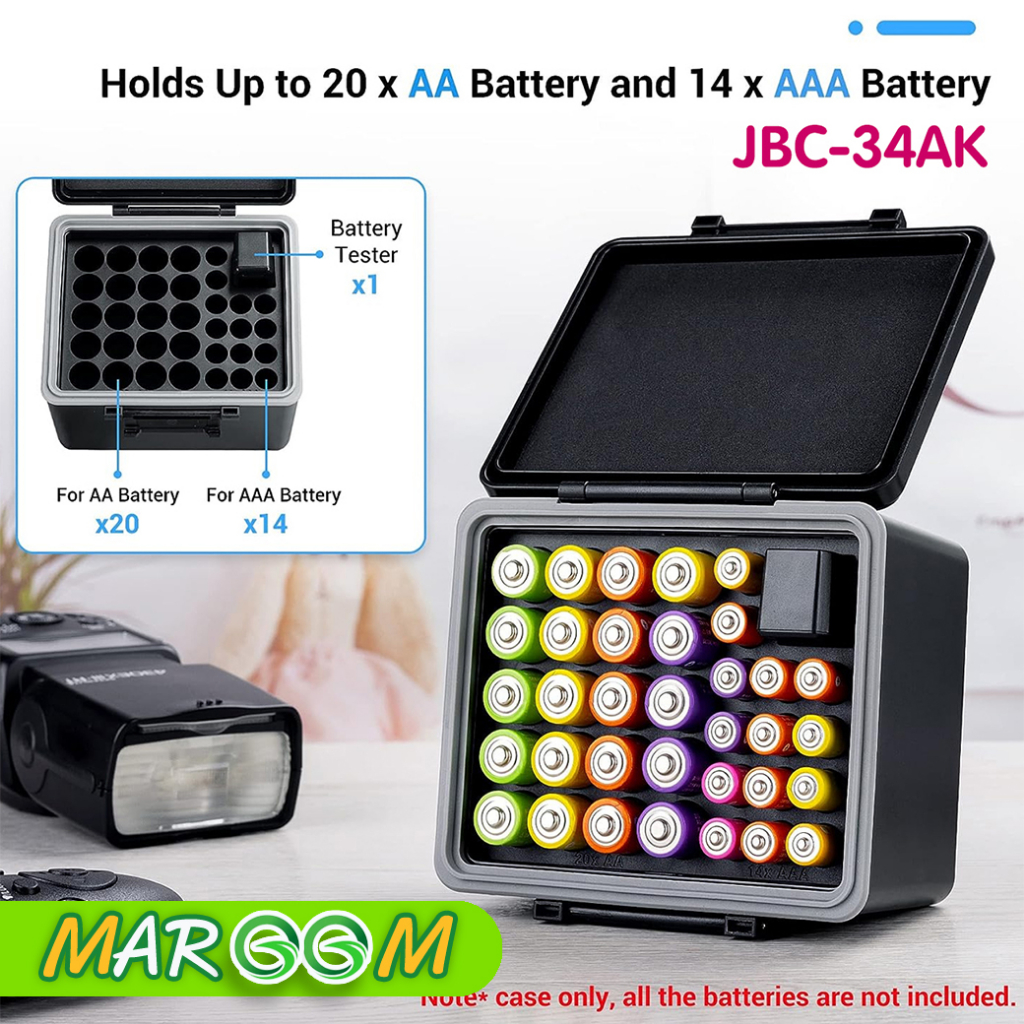 JJC กล่องเก็บแบตเตอรี่ความจุสูง พร้อมเครื่องทดสอบพลังงาน รุ่น JBC-34AK: สำหรับ ถ่าน AA x20 + AAA x14 ทนแรงกระแทกได้ดี ป
