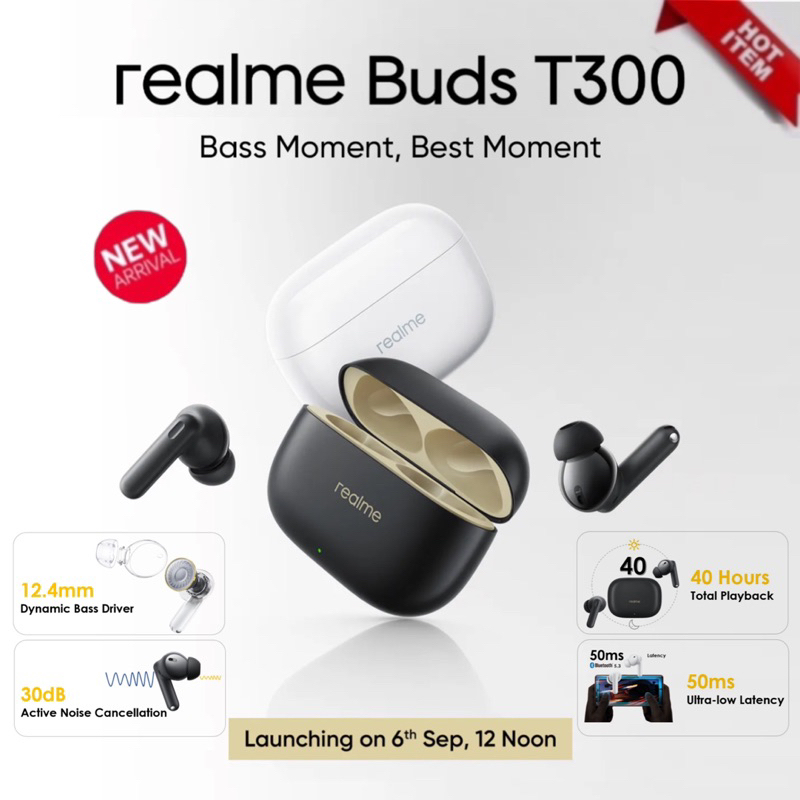 [แจกโค้ต200.-]New realme Buds T300 TWS ชุดหูฟังบลูทูธไร้สาย IP55 ประกันศูนย์ไทย 1ปี