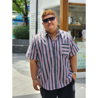 Moodum เสื้อเชิ้ตคนอ้วน สีเทา ลายทาง สไตล์คุณชาย  XL-4XL : อก 48 - 62"