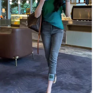 GHAOHES🌷 กางเกงยีนส์ยืด 🌷 S-5XL สาวอวบ 👖การออกแบบพับขากางเกง ลมเกาหลี