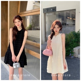 📌Mini Dress ชุดเดรสทรงคอกลม แขนกุด ทรงสั้น ดีไซน์ผ้ายืดทอสลับผ้าย่น ทรงน่ารักมากๆค่ะ