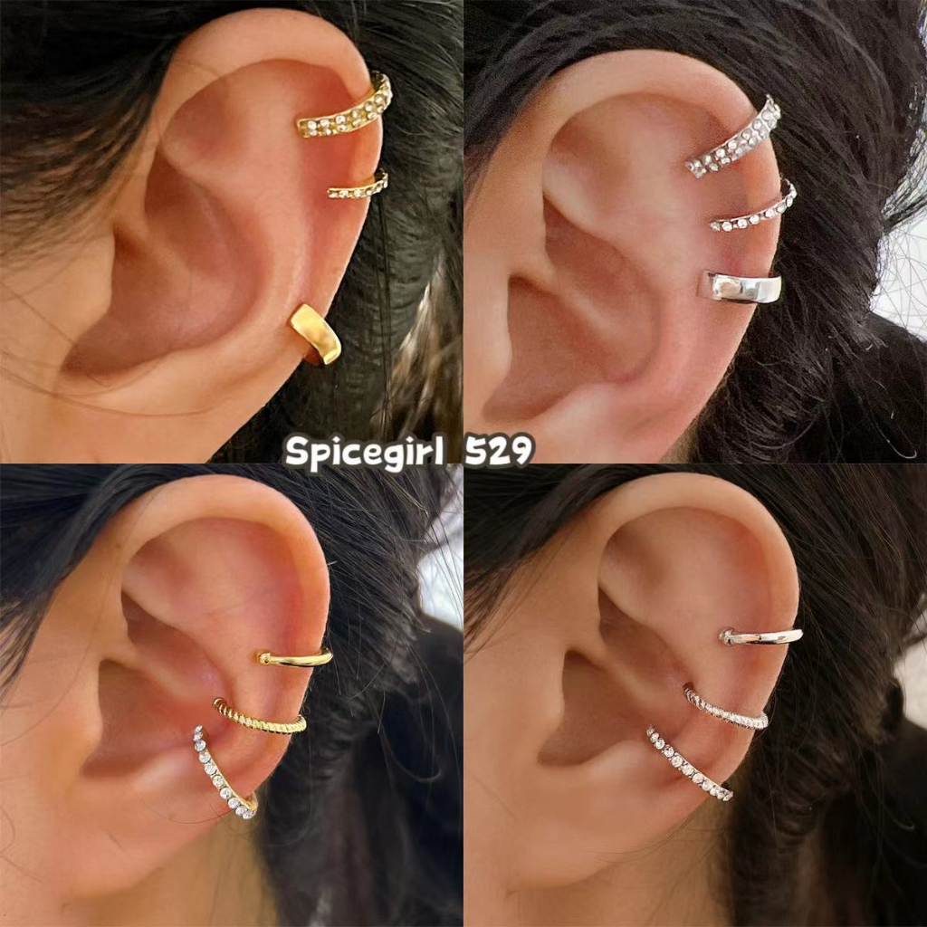 Spice girl ต่างหูหนีบเซต3ชิ้น 4แบบ ไม่ต้องเจาะ ชุบเงิน ประดับพลอย สไตล์เรียบง่าย สำหรับผู้หญิง