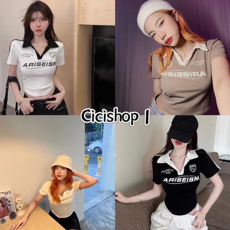 Cicishop(3351)เสื้อ(Crop top) แขนสั้น คอปกดีเทลสกีนลายภาษาอังกฤษสุดปัง สายฝอควรตำ