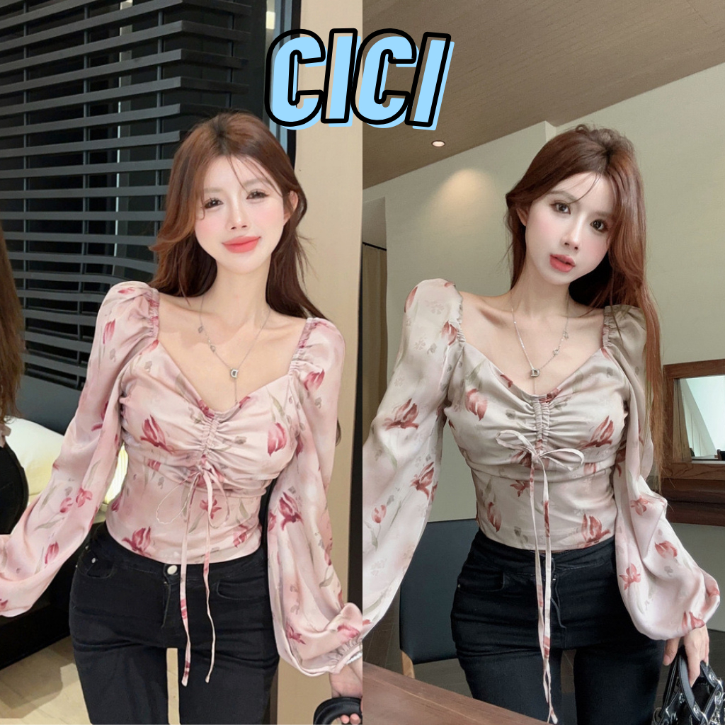 ส่งทันที Cici(NO. J785)เสื้อแขนยาวผ้าซาตินลายดอกไม้ ดีเทลผูกเชือกด้านหน้า สม๊อคหลัง ดูแพงสุดๆ