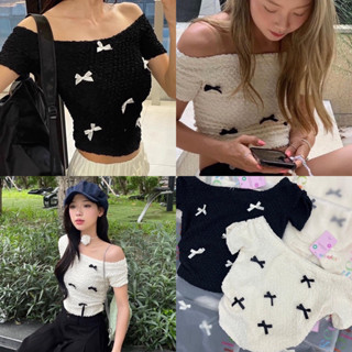 New Ribbon bow top เสื้อปาดไหล่ สุดคิ้วท์ดีเทลน่ารักมากกๆ เย็บติดโบว์