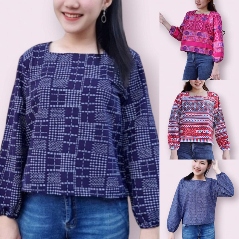 เสื้อผ้าฝ้าย เสื้อแขนยาว ใส่สบายผ้านิ่ม ฟรีไซส์ คอเหลี่ยม แขนยาวจั้ม