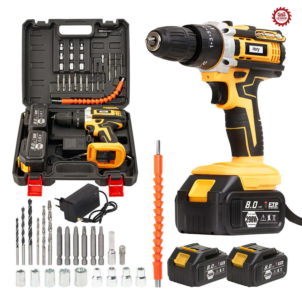 HORY สว่านไร้สาย สว่าน 298V 3 ระบบ มีระบบกระแทก แบตเตอรี่ 2 ก้อน เครื่องมือช่าง รวม 28ชิ้น รองรับงานหนัก รุ่นสีเหลือง