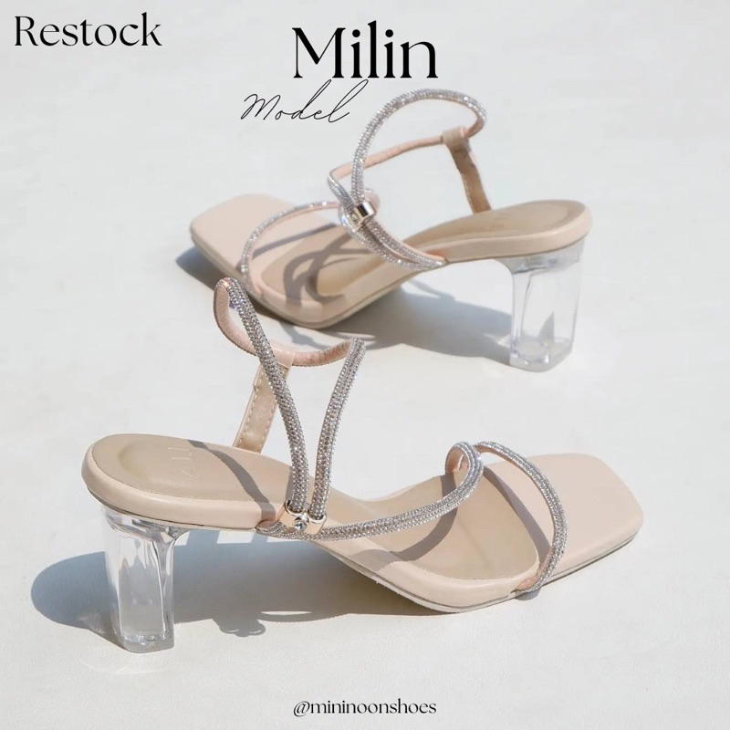 (มีโค้ดส่วนลด20%)" mininoonshoes " -รุ่น มิลิน รองเท้าส้นสูง แต่งเพชร ส้นแก้ว
