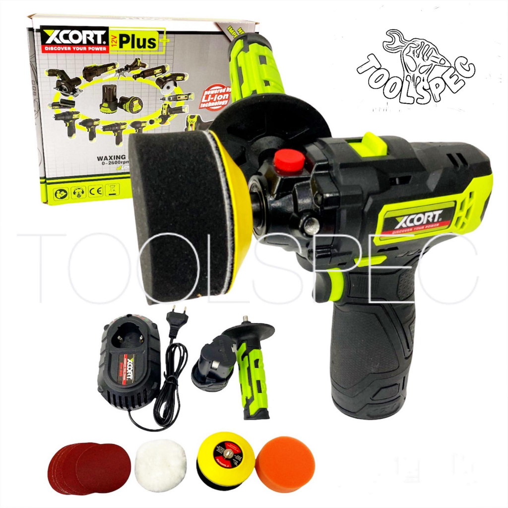 XCORT (SERIES12) ครบชุดพร้อมใช้ เครื่องขัดสีรถยนต์ไร้สาย 12V 1 ก้อน แบตลิเธียมไอออน 3 นิ้ว ขัดสีอเนกประสงค์ พร้อมใบขัด