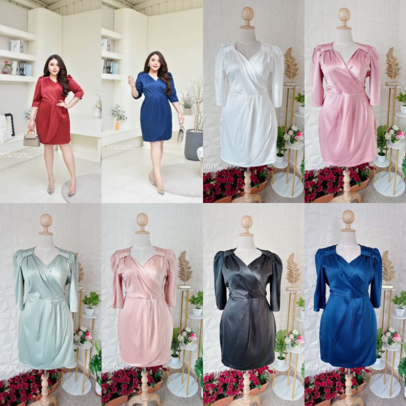 LT002 เดรสคอวีไขว้อก โบว์ไหล่ แขนสามส่วน