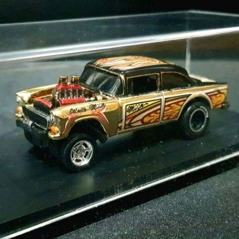 Custom 1/64 Hot Wheels Mooneyes '55 Chevy Bel Air Gasser 100% 24K Gold with Acrylic Box