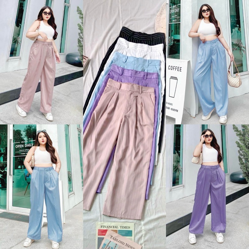 กางเกงขายาวเอวสูงสาวอวบ ลายริ้วสีพาสเทล Plussize (lady)