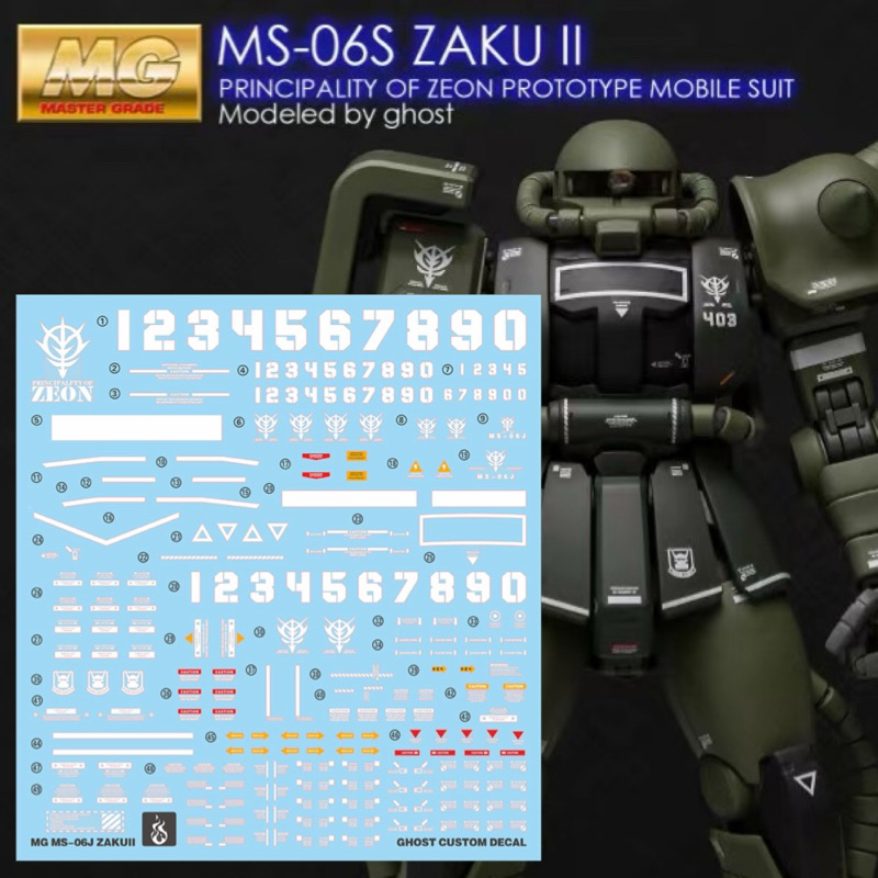 ดีคอลน้ำ GHOST DECAL MG 1/100 MG MS-06S ZAKU II ตัวเขียว เรืองแสงแบล็คไลท์