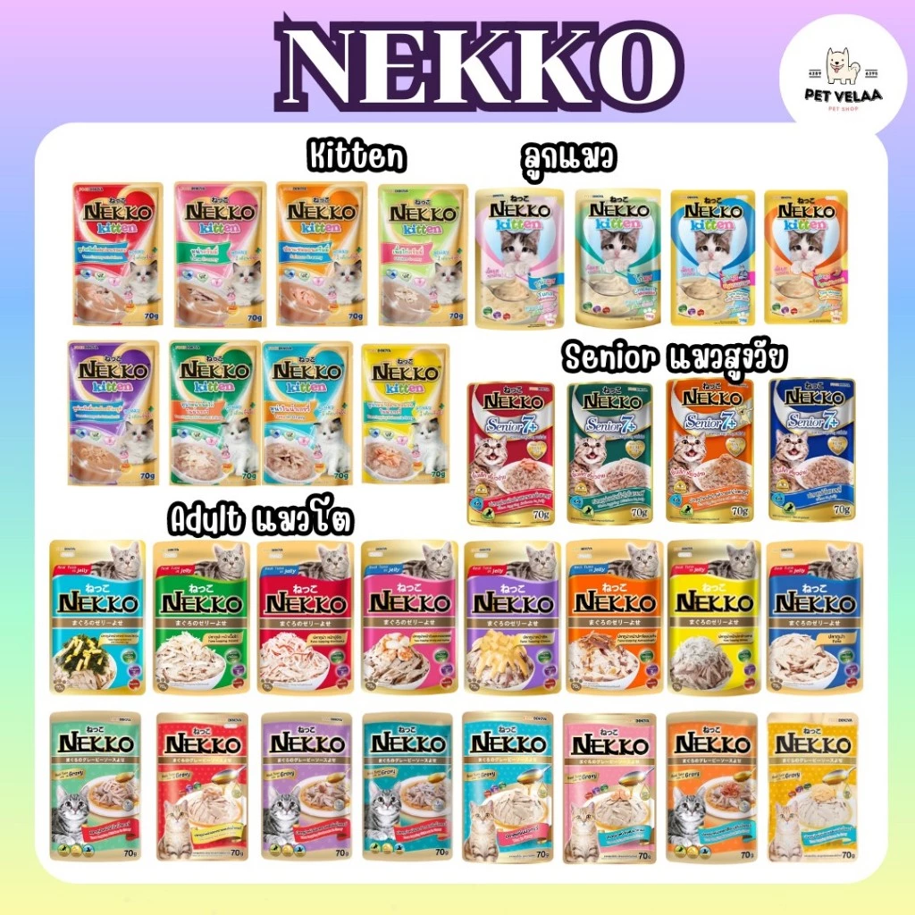 (12 ซอง) Nekko อาหารเปียกแมวเน็กโกะ ลูกแมว แมวโต แมวสูงวัย ขนาด 70g. จำนวน 12ซอง