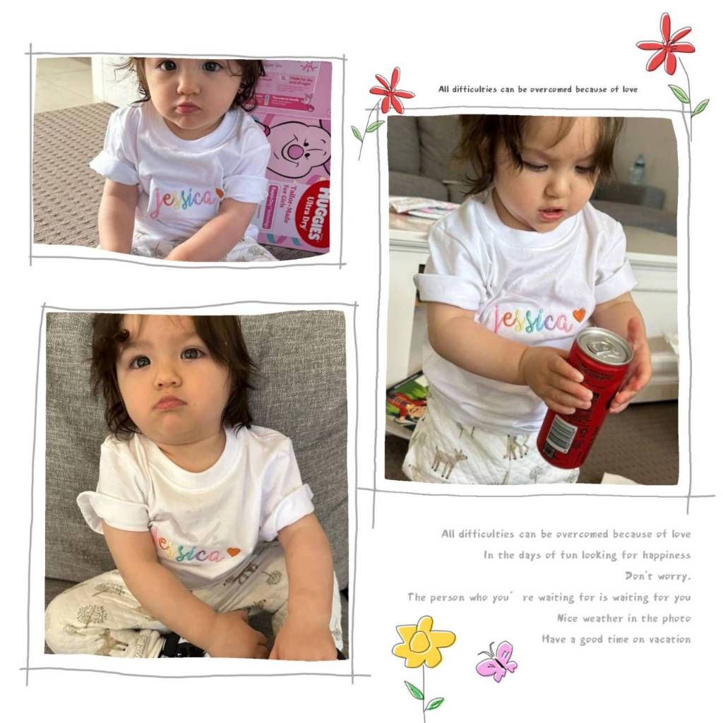 เสื้อยืดครอบครัว พ่อ แม่ลูก สีขาว ปักชื่อ ด้ายสี Rainbow ผ้า COTTON 100% เนื้อผ้าหนานุ่ม ไม่บาง - รูปที่ 4