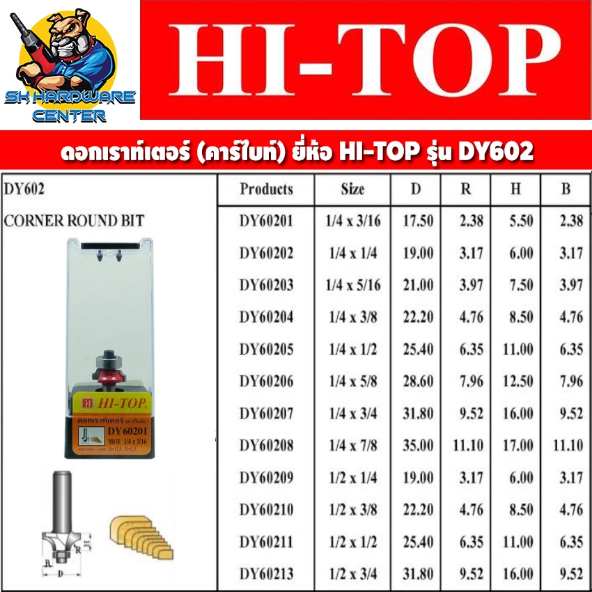ดอกเราท์เตอร์ ใบมีดคาร์ไบด์หนา ขนาดแกน 1/4" (2หุล) , 1/2" (4หุล) ยี่ห้อ HI-TOP รุ่น DY-602
