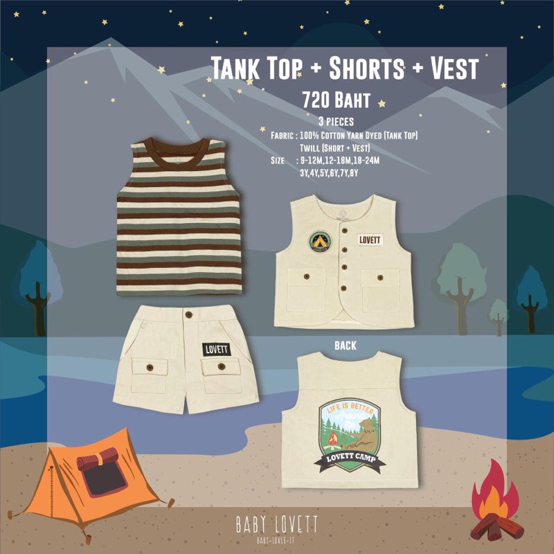 Baby Lovett 🏕⛺️New The Camper - Tank Top + Shorts + Vest New Size 12-18
