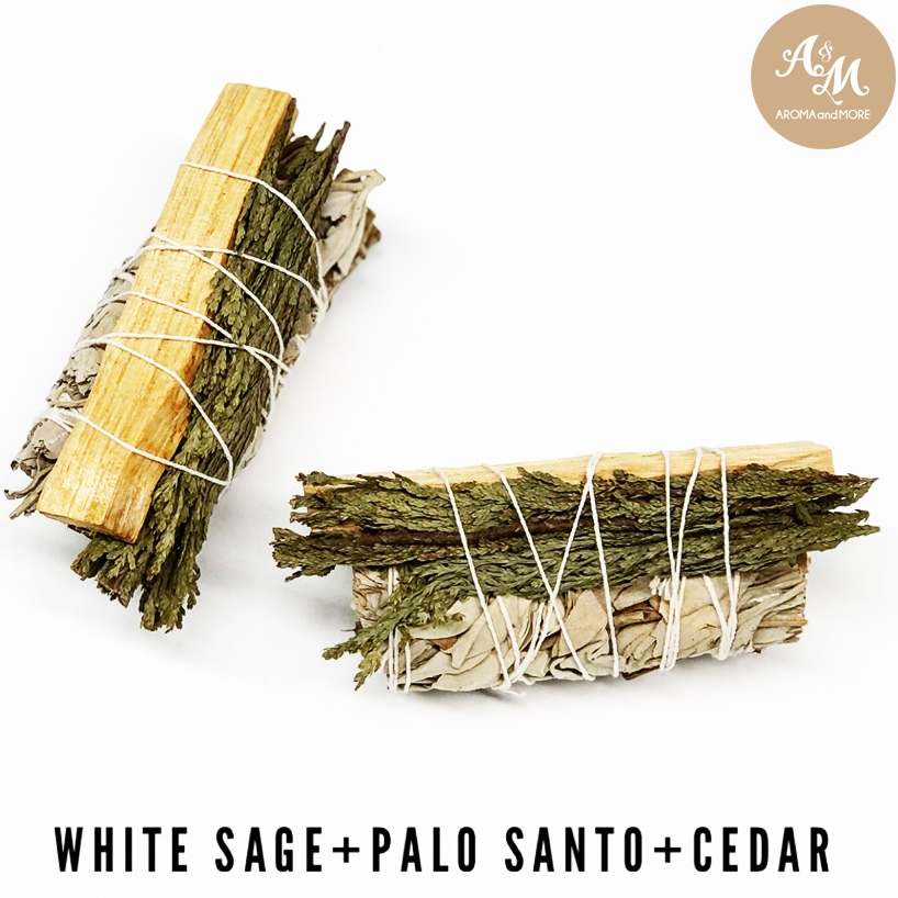 Aroma&More SET 3 IN 1 - White Sage + Palo Santo + Cedar Smudge ไม้หอมมัดรวม 3 ชนิด จุดชำระล้างพลังงานลบ ล้างไพ่ 4”- 50g