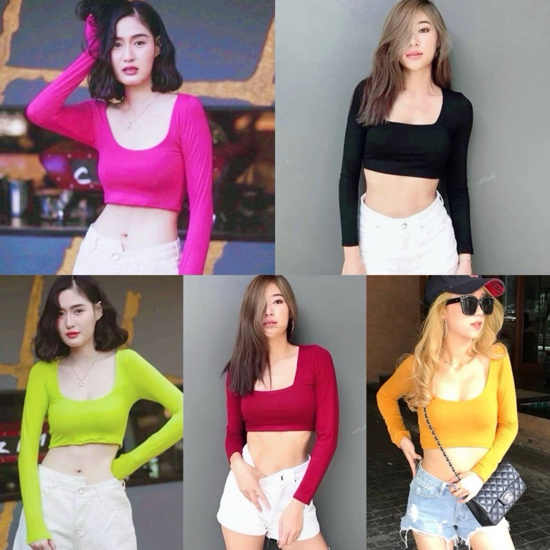 aimorn_shop เสื้อครอปแขนยาว ผ้าเรย่อนผ้ายืดใส่สบาย งานสวยนะ