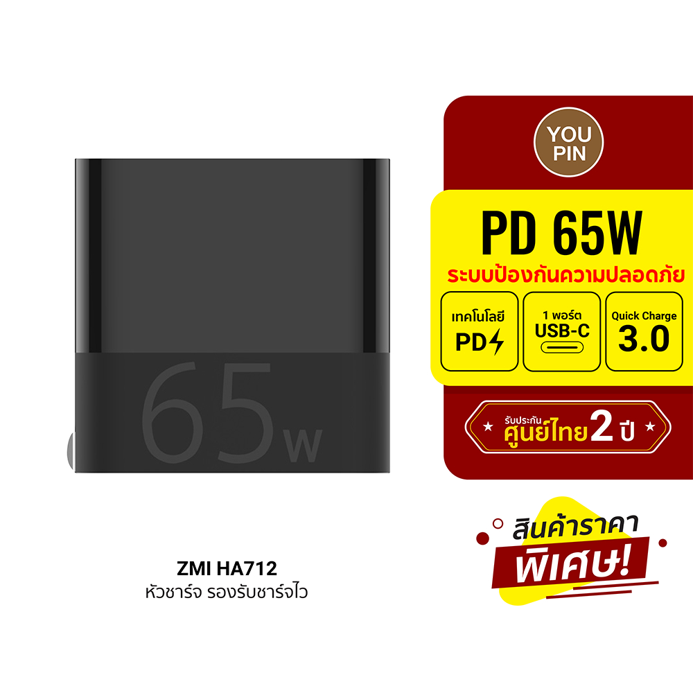 [ราคาพิเศษ] ZMI HA712 (AP004) หัวชาร์จ 65W รองรับเทคโนโลยีชาร์จเร็ว PD / QC 3.0 จากทาง Qualcomm -2Y