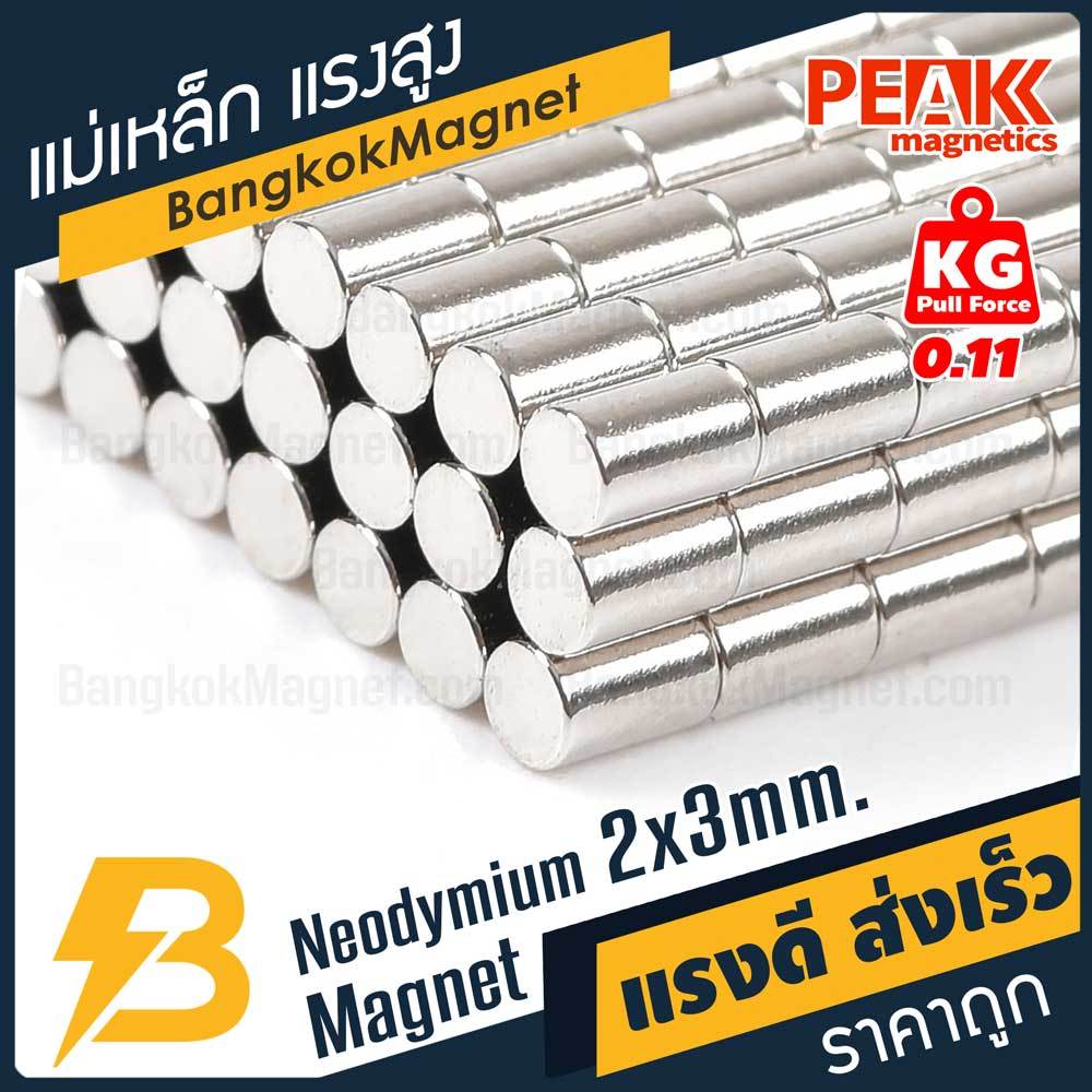 แม่เหล็กแรงดึงดูดสูง 2x3 มม. ทรงกระบอก แรงดูด 0.11kg PEAK magnetics แม่เหล็กขนาดเล็ก BK2444-10
