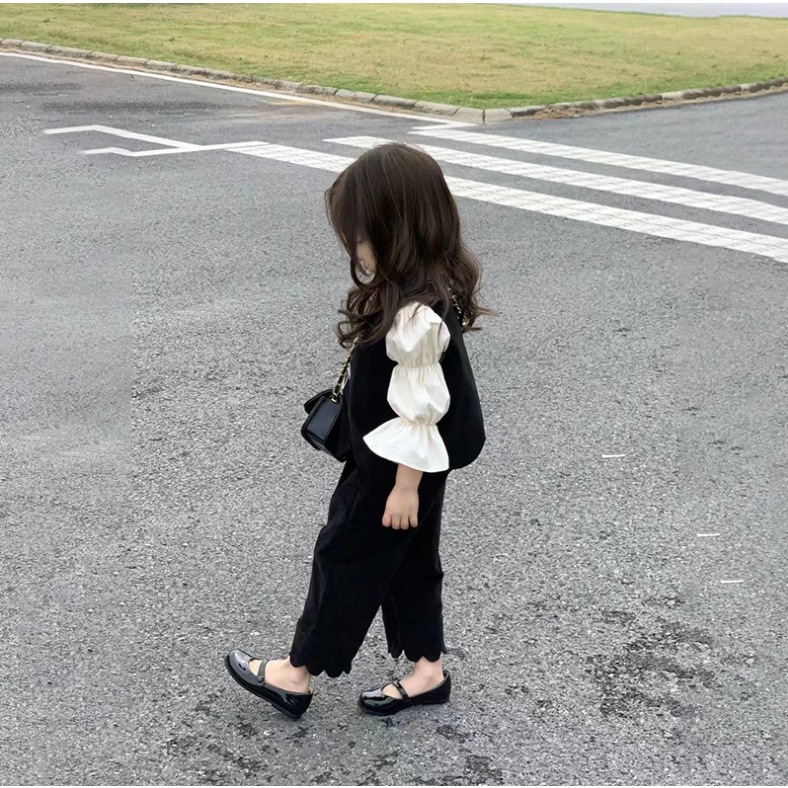 jqk ชุดเซ็ท3ชิ้น กางเกงขายาว +เสื้อแขนยาว +เสื้อกัก น่ารักๆ (สีดำ-ครีม) รุ่น LL048
