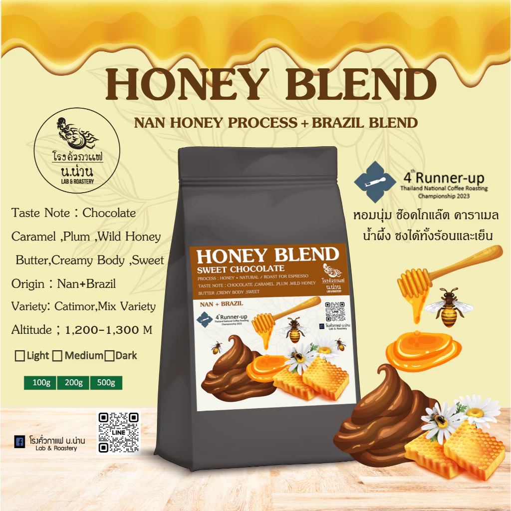 เมล็ดกาแฟคั่วกลาง Honey Process Blend เมล็ดพิเศษ คั่วกลาง Full City ชงได้ทั้งร้อนและเย็นหอมนุ่มพิเศษ