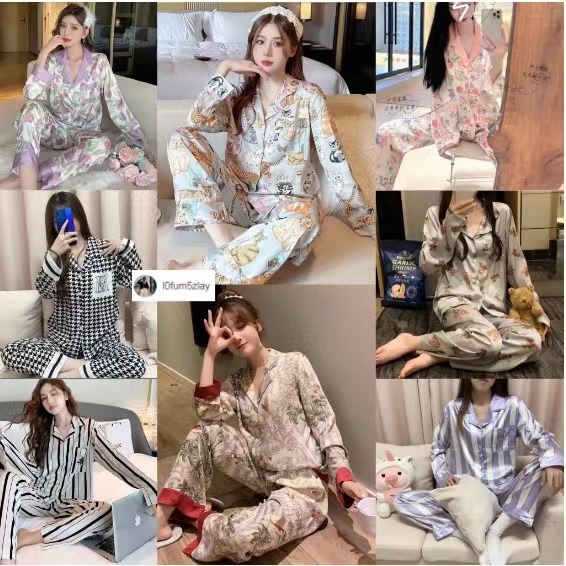 🐈🍃(ราคาถูกที่สุด)ชุดนอนผ้าซาตินฤดูใบไม้ร่วง， สไตล์การ์ตูน， ชุดนอนแขนยาว， ขายาว+แขนยาว，M-2XL