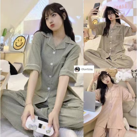 (ราคาถูกที่สุด) ชุดนอนสวยมาก， ลายสก็อต，ชุดนอนเวอร์ชั่นเกาหลี， ความสบายคือผ้าคอตตอน，ขายาว+เสื้อ，M-2XL