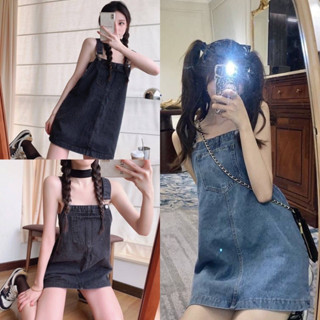 🎀พร้อมส่ง🎀 เอี๊ยมกระโปรงทรงหลวม สียีนส์ สีดำ S-10XL น่ารักสไ…