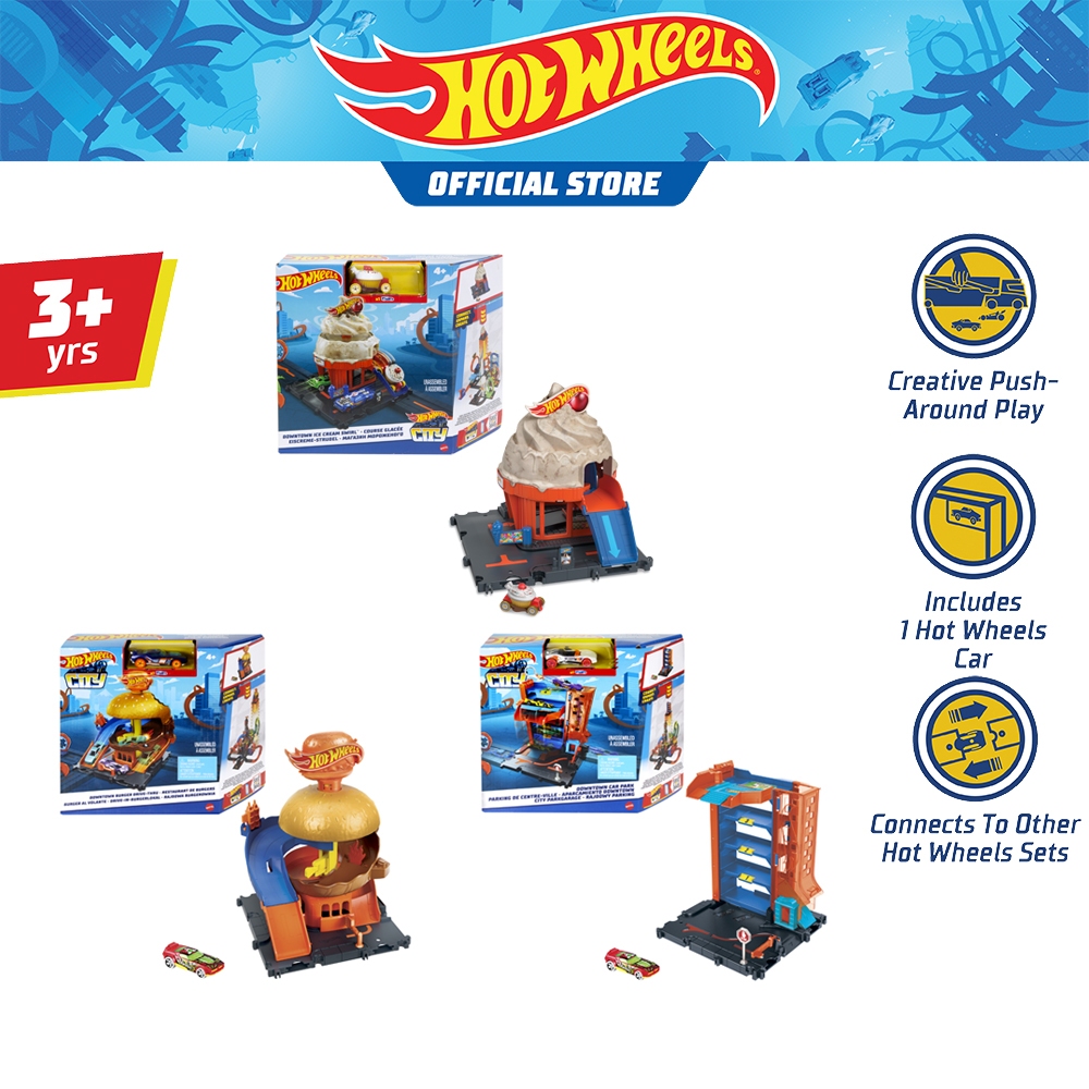 Hot Wheels City Downtown Playset Assortment ฮอตวีลซิตี้ ชุดรางรุ่นผจญภัยในตัวเมือง HDR24