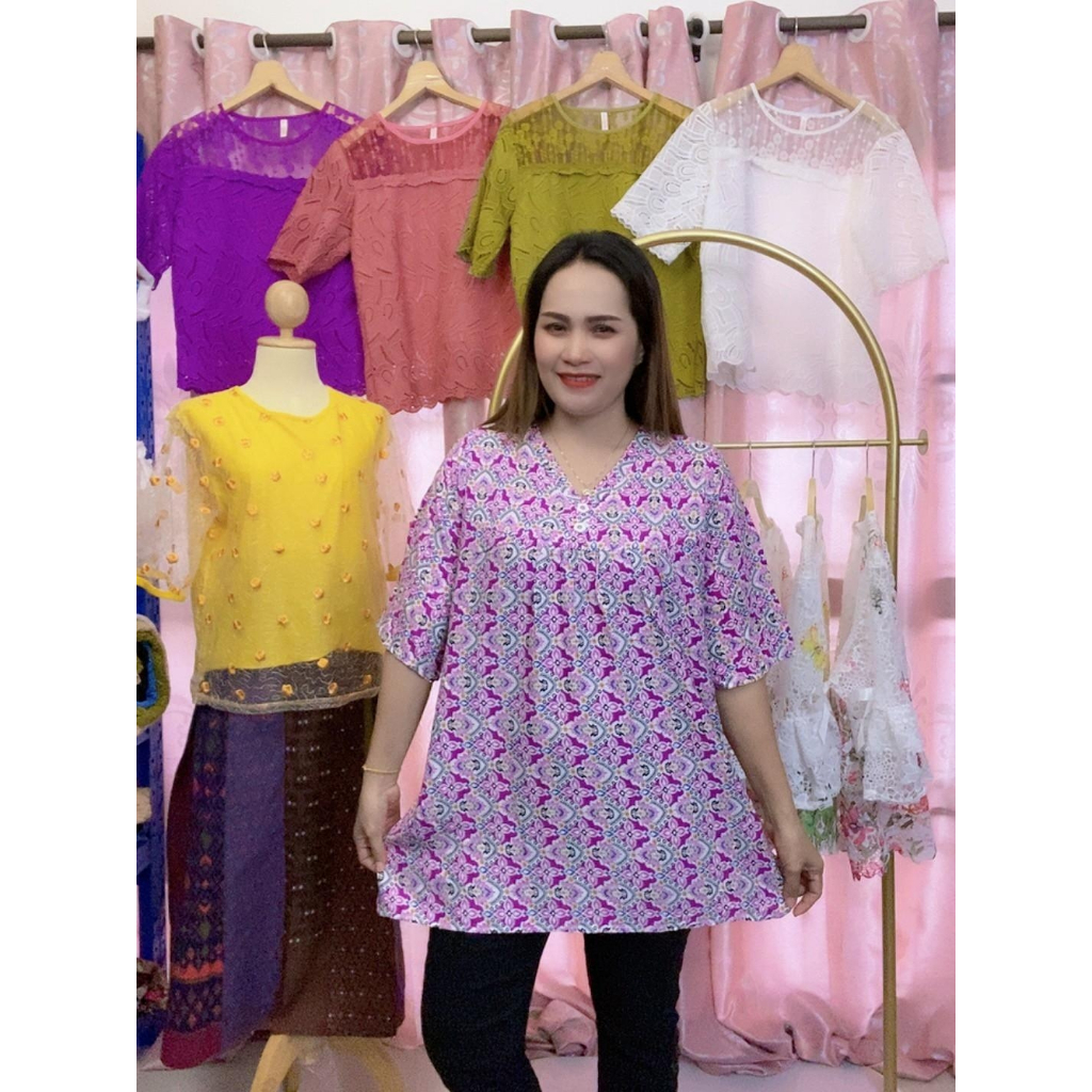 เสื้อสปันสาวอวบ คอวี แขนสั้น ใส่เที่ยว รอบอก42-44-46 นิ้ว เสื้อคุณแม่ รุ่น002