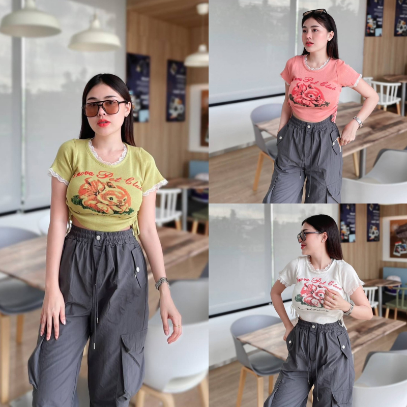 🌈SpinnyHouse🌈 เสื้อครอปแขนสั้ั้น คอกลม แต่งเชือกผูกข้าง 🧽 สกรีนลายน่ารักสุด รุ่น กระดิ่ง B-033-2-A