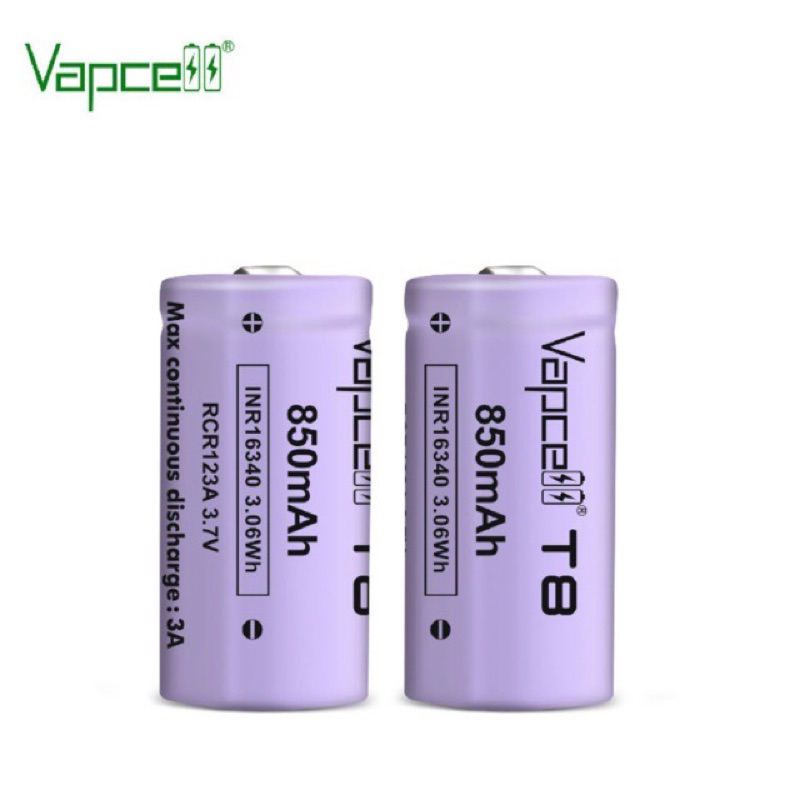 Vapcell 16340 3.7V850mah ถ่านชาร์จVapcell 16340 รุ่นT8