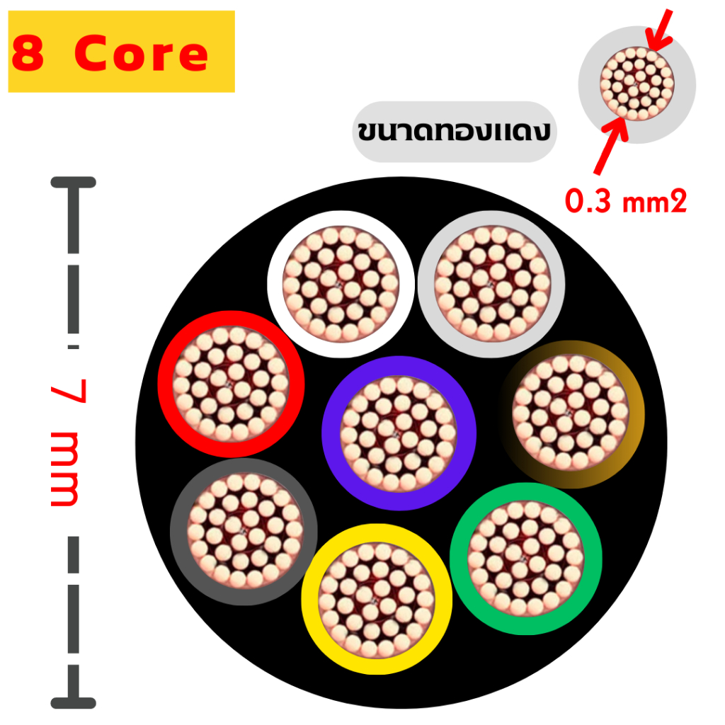 สายไฟ สายคอร์ 4-6-8 core ขนาดทองแดง 0.3 mm2 ความยาว 1 เมตร (RVV2)