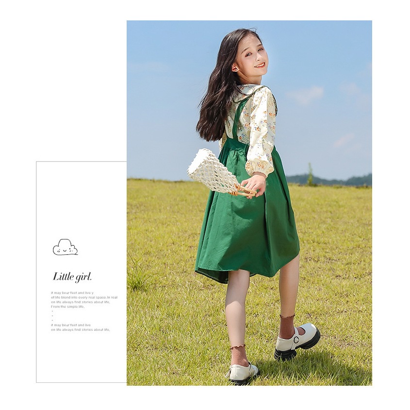 เซ็ต2ชิ้น เสื้อลายดอก+เดรสกระโปรงเขียว ชุดลูกสาวเดรส GI 080