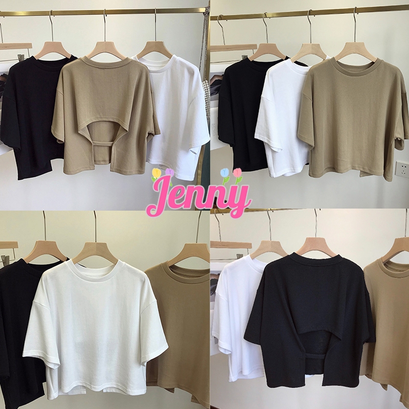 Jenny พร้อมส่ง เสื้อครอป แขนสั้น สไตล์เกาหลี ผ้าฝ้าย เปิดหลังอินเทรนด์ ทรงหลวม สบาย สำหรับผู้หญิง