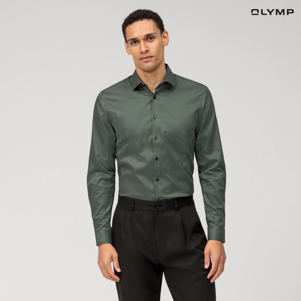 OLYMP No. Six Shirt เสื้อเชิ้ตชาย สีเขียวมะกอก ลายจุด ทรงเข้ารูป ยืดหยุ่นได้ดี รีดง่าย AUTU23